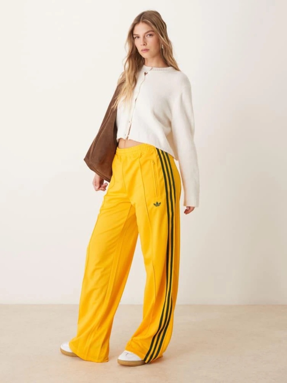 adidas Firebird Yellow Wide-Leg Track Pants with Green Stripes